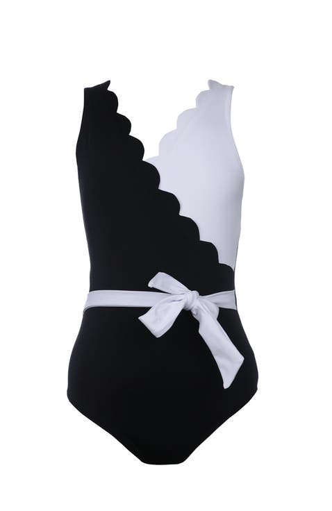 Scalloped Wrap with Waist Bow One-Piece Swimsuit