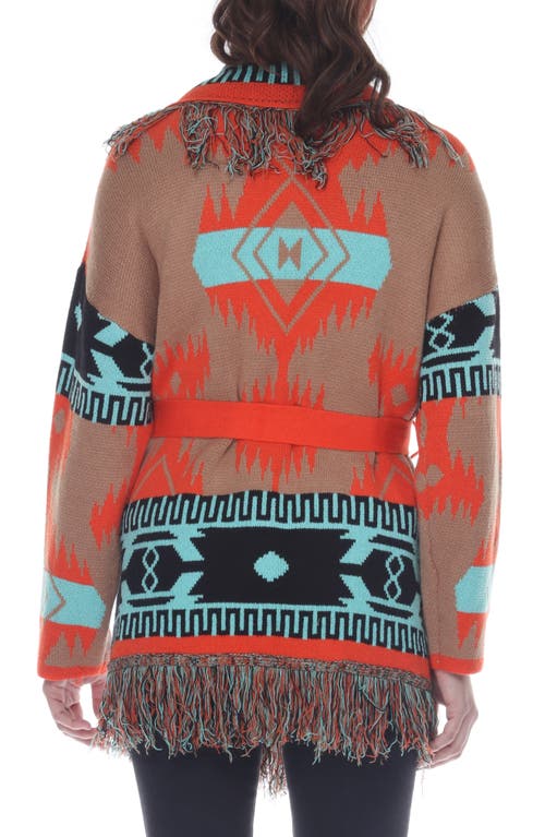 Rain And Rose Belted Western Fringe Cardigan In Brown