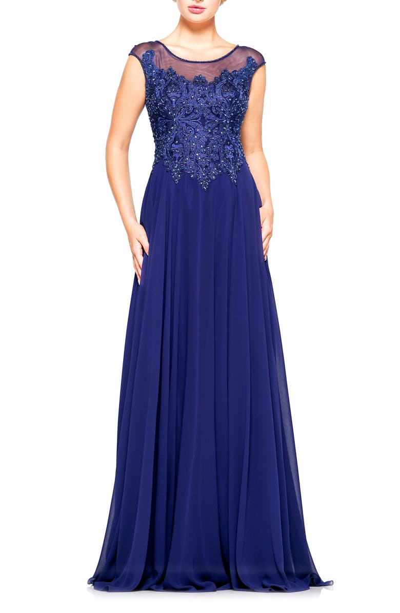 MARSONI Illusion Embellished Lace & Chiffon Gown, Main, color,