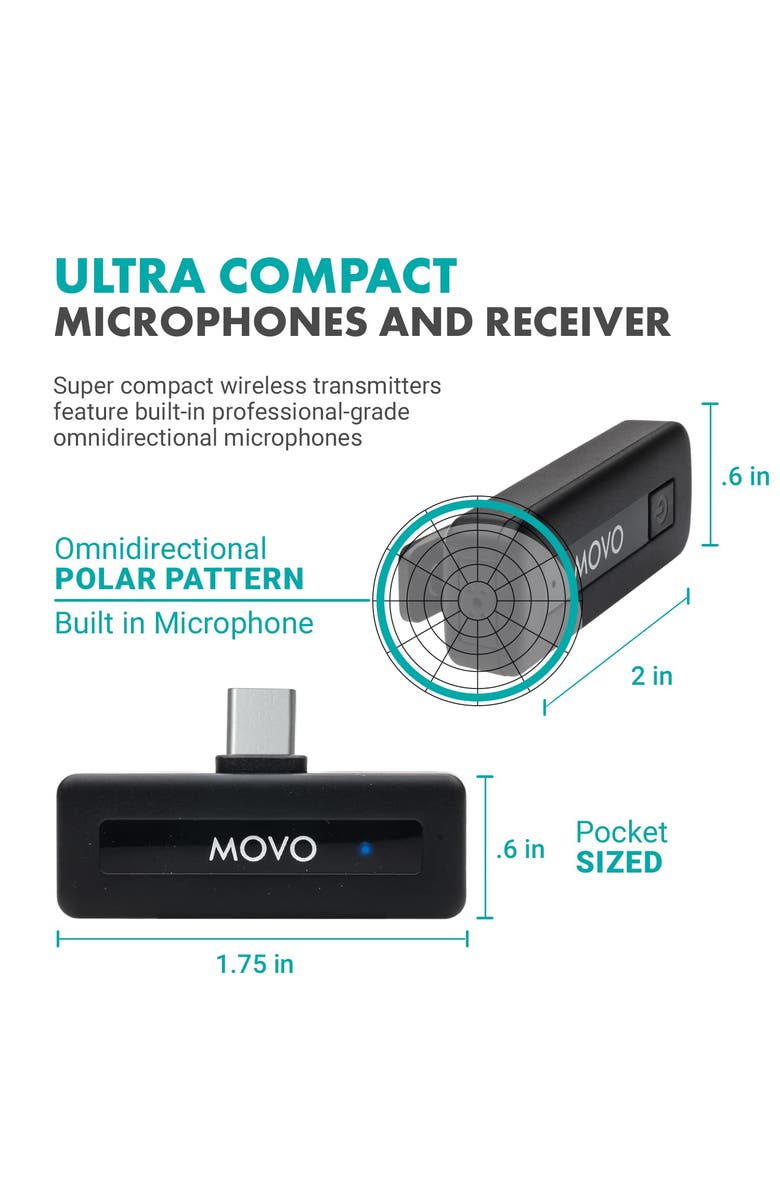 MOVO Wireless Mini USB-C Duo Wireless Microphone for iPhone 15 and up, Alternate, color, Black