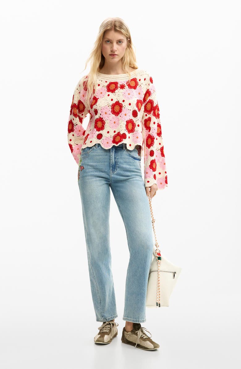 Desigual Floral Cotton Blend Crochet Sweater, Alternate, color, Off White