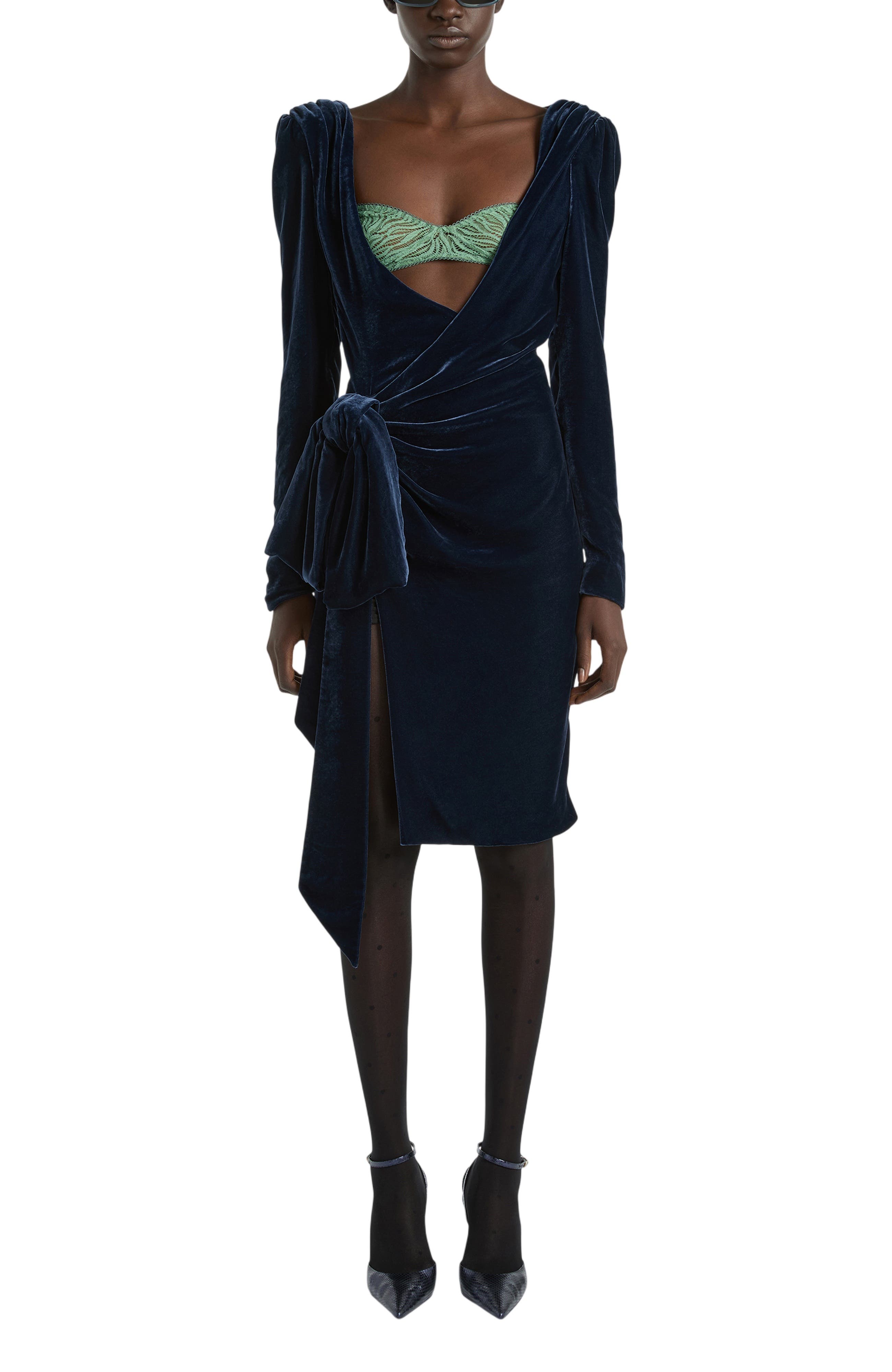 Balmain Velvet Dress With Lace Bra And Tie Detail In Blue