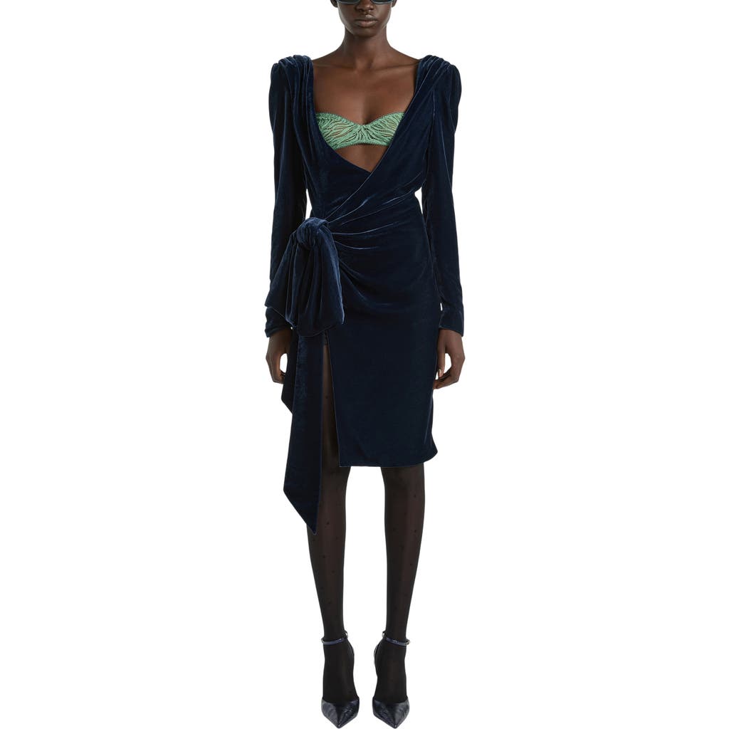 Balmain Velvet Dress With Lace Bra And Tie Detail In Blue