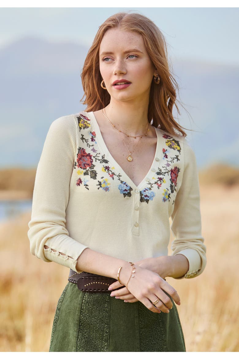 Stretch Cotton Henley Tee, Main, color, CREAM FLORAL EMBROIDERY