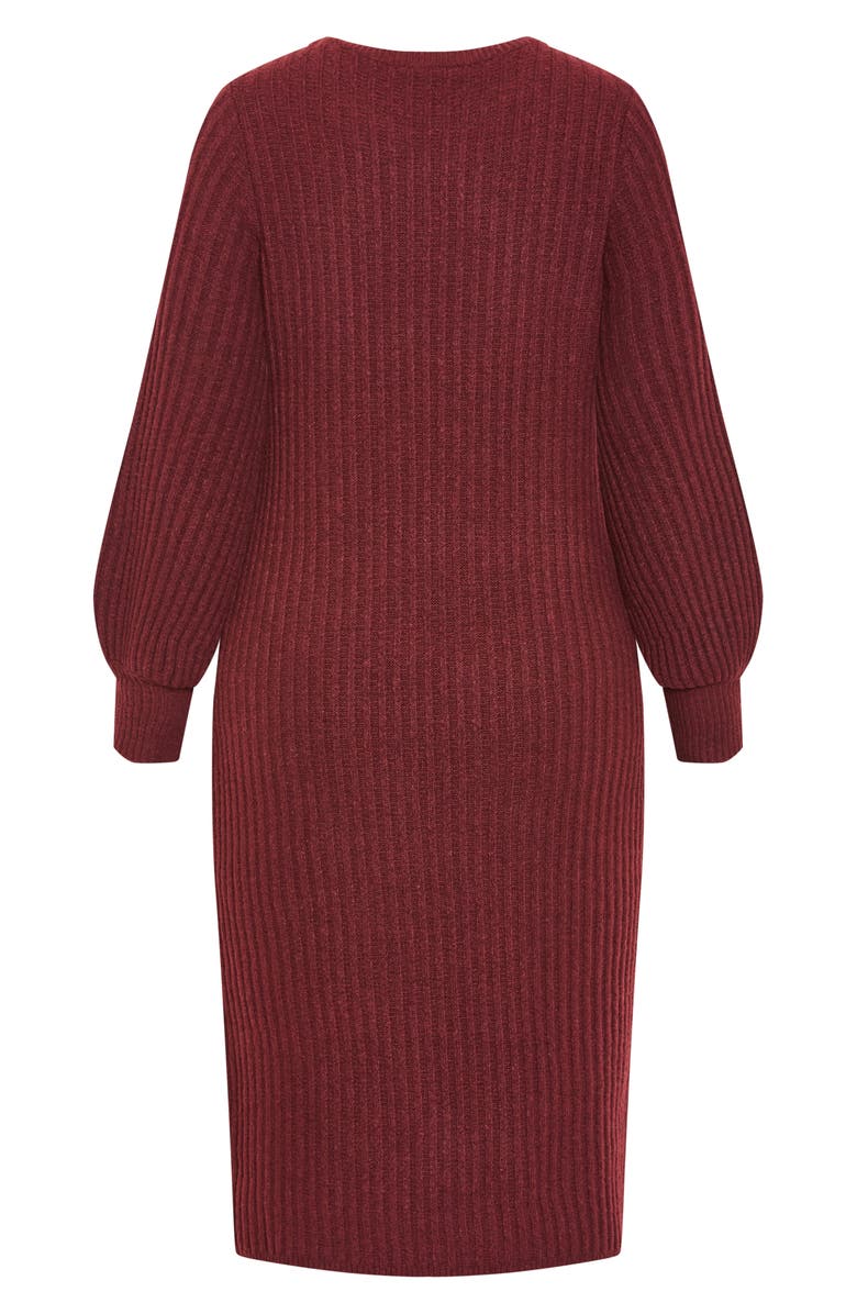 City Chic Sarah Long Sleeve Rib Sweater Midi Dress, Alternate, color, Bordeaux