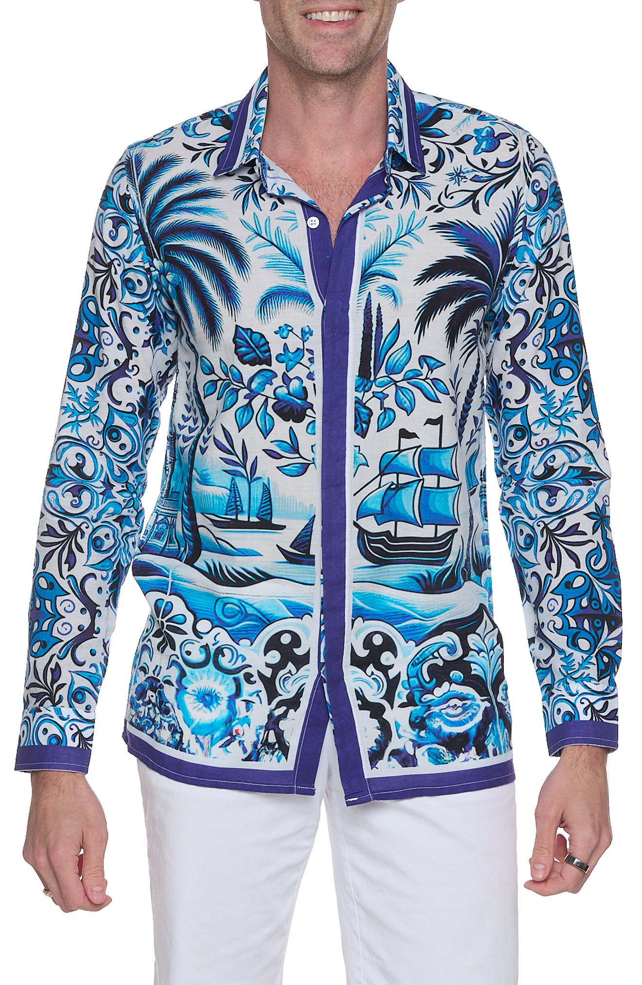 RANEES Extra Trim Fit Print Linen & Cotton Button-Up Resort Shirt