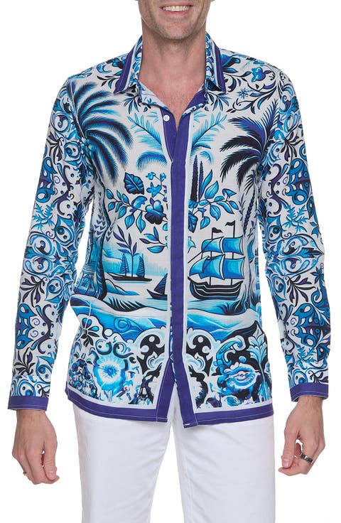 Extra Trim Fit Print Linen & Cotton Button-Up Resort Shirt