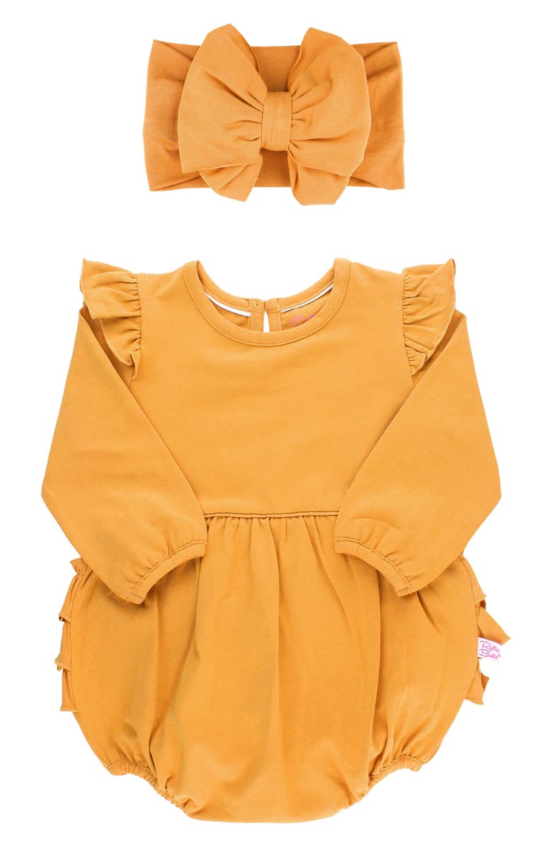RuffleButts Honey Flutter Bubble Romper & Headband Set, Main, color,