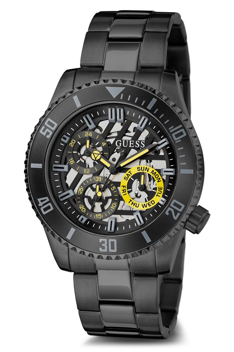 Multifunction Skeleton Bracelet Watch, 45mm, Main, color, BLACK/BLACK/BLACK