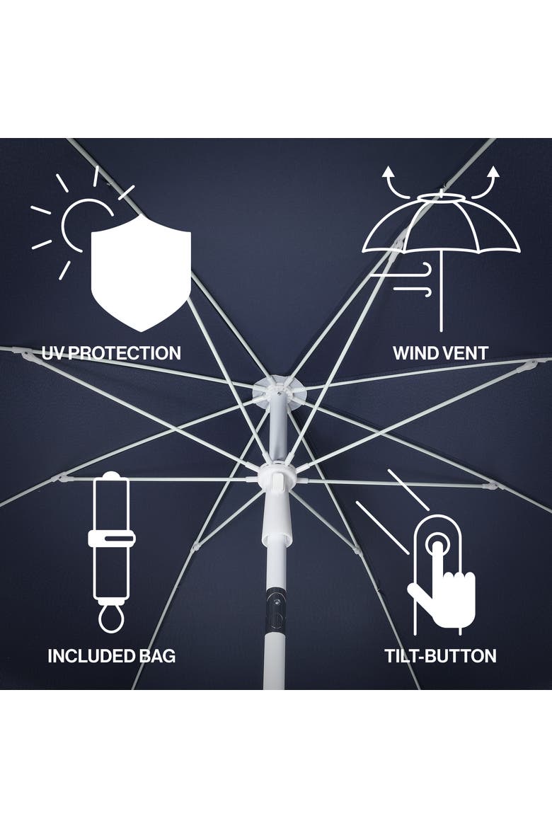 Mariner Coastal Round Outdoor Beach Umbrella with Fringe Trim, Push-Button Tilt, UV 50 Canopy and Wood-Finish Pole, Alternate, color, Navy - White Pole