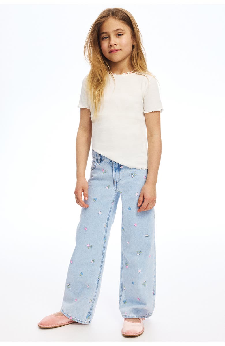 H&M Motif-detail Wide Leg Jeans, Alternate, color, Light Denim Blue/Flowers