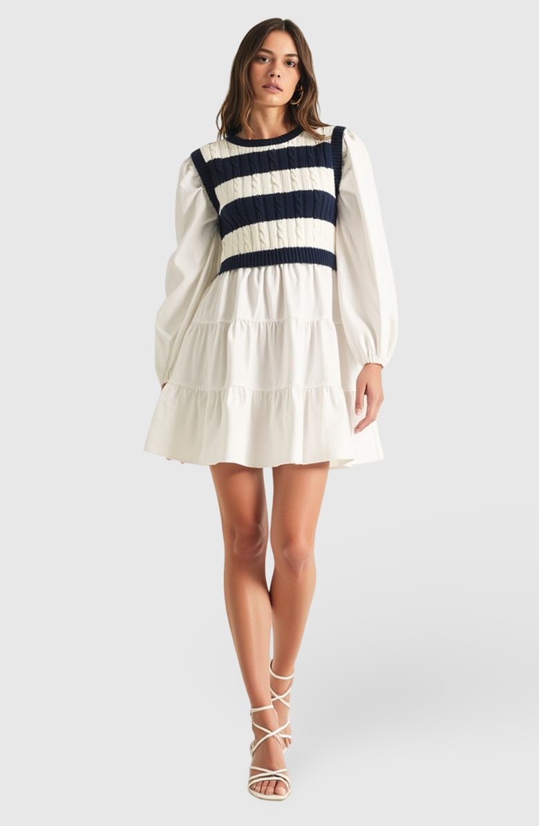 Modenaire Tiered Long Sleeve Mini Dress with Striped Knit Sweater Overlay, Alternate, color, 