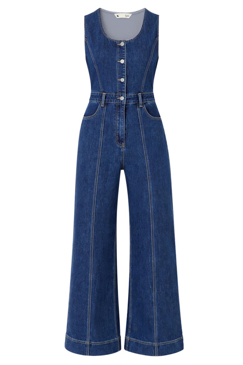 Denim Stretch Fitted Jumpsuit, Alternate, color, Blue