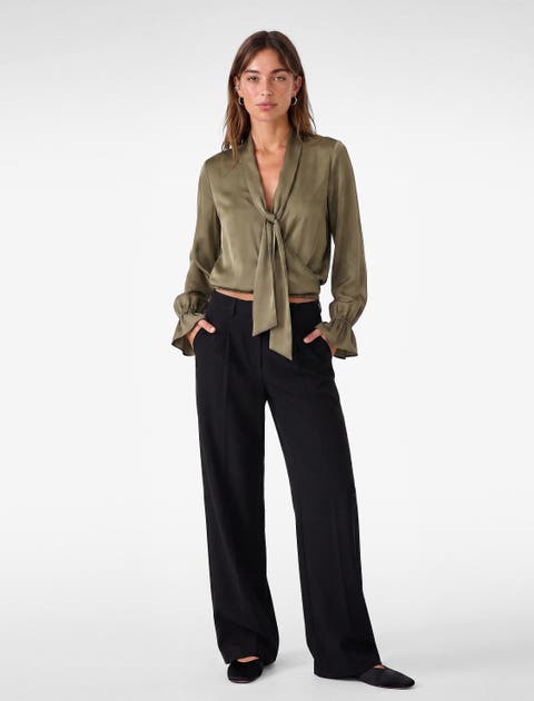 Long Sleeve Oversized Satin Shawl Collar Blouse