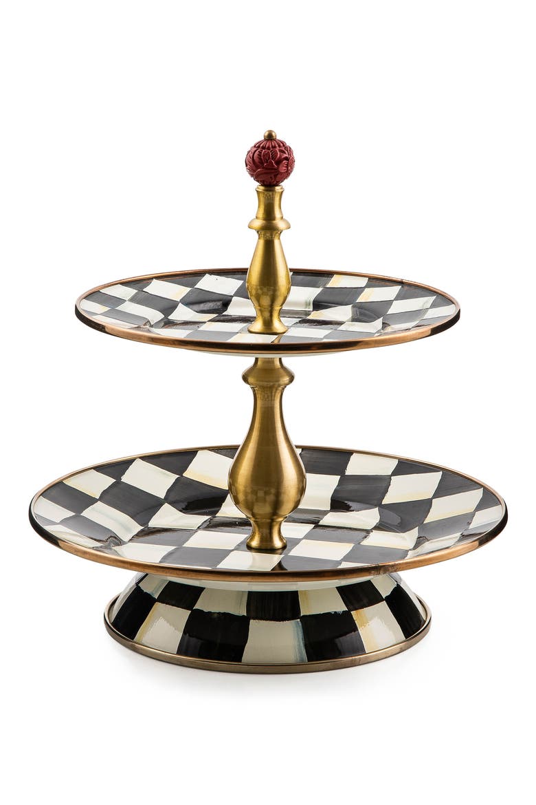 Courtly Check Enameled Steel 2-Tier Sweets Stand, Main, color, BLACK/ WHITE