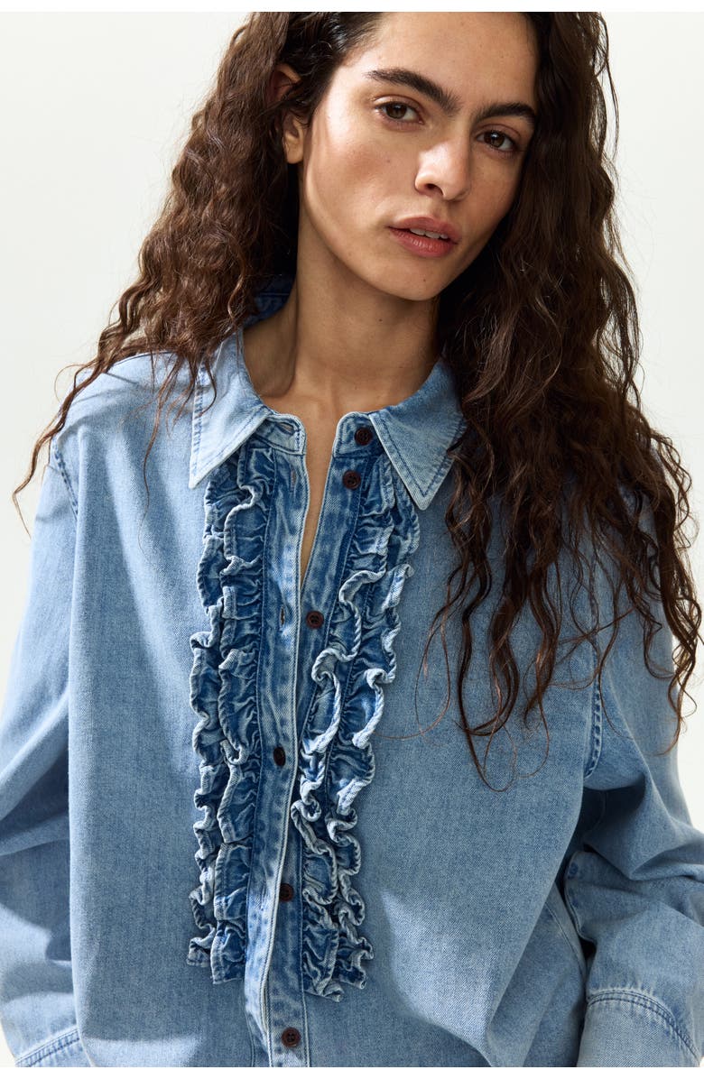 H&M Ruffle-trimmed denim shirt, Alternate, color, Denim Blue