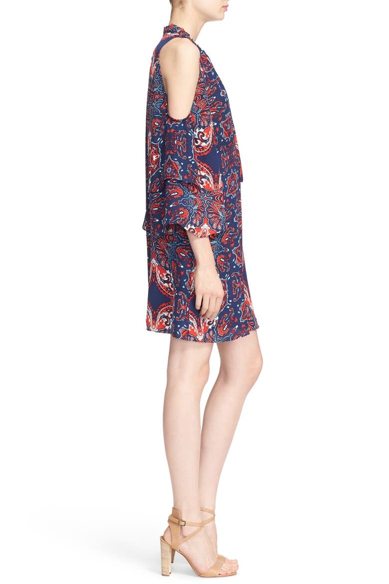 'Anastasia' Cold Shoulder Paisley Silk Shift Dress, Alternate, color, BANDANA
