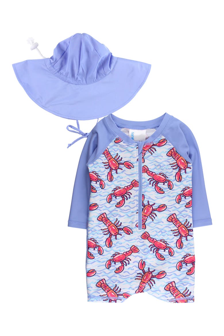 Kids' Lobster Lagoon One-Piece Rashguard Swimsuit & Sun Hat Set, Main, color, BLUE