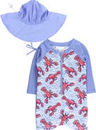 RuggedButts Kids' Lobster Lagoon One-Piece Rashguard Swimsuit & Sun Hat Set
