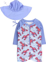 RuggedButts Kids' Lobster Lagoon One-Piece Rashguard Swimsuit & Sun Hat Set