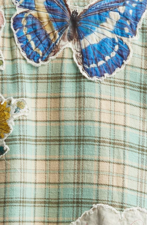R13 Drop Neck Floral Patch Plaid Button-up Shirt In Light Green Plaid Applique