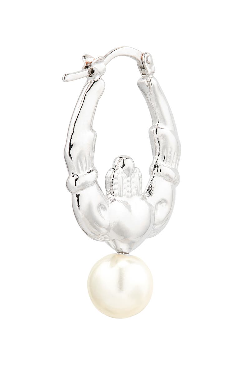 Faux Pearl Claddagh Hoop Earrings, Alternate, color, RHODIUM/ PEARL
