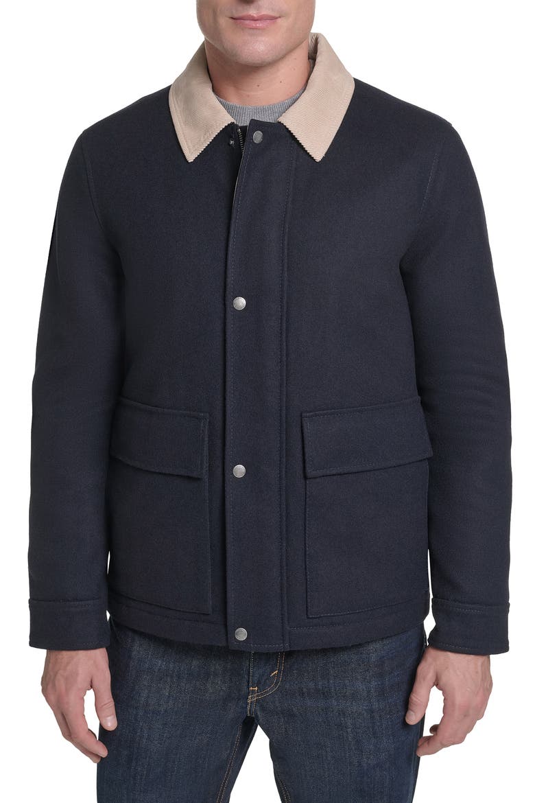 Corduroy Collar Wool Blend Barn Coat, Main, color, NAVY