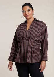 ELOQUII Pleated Striped Poplin Top