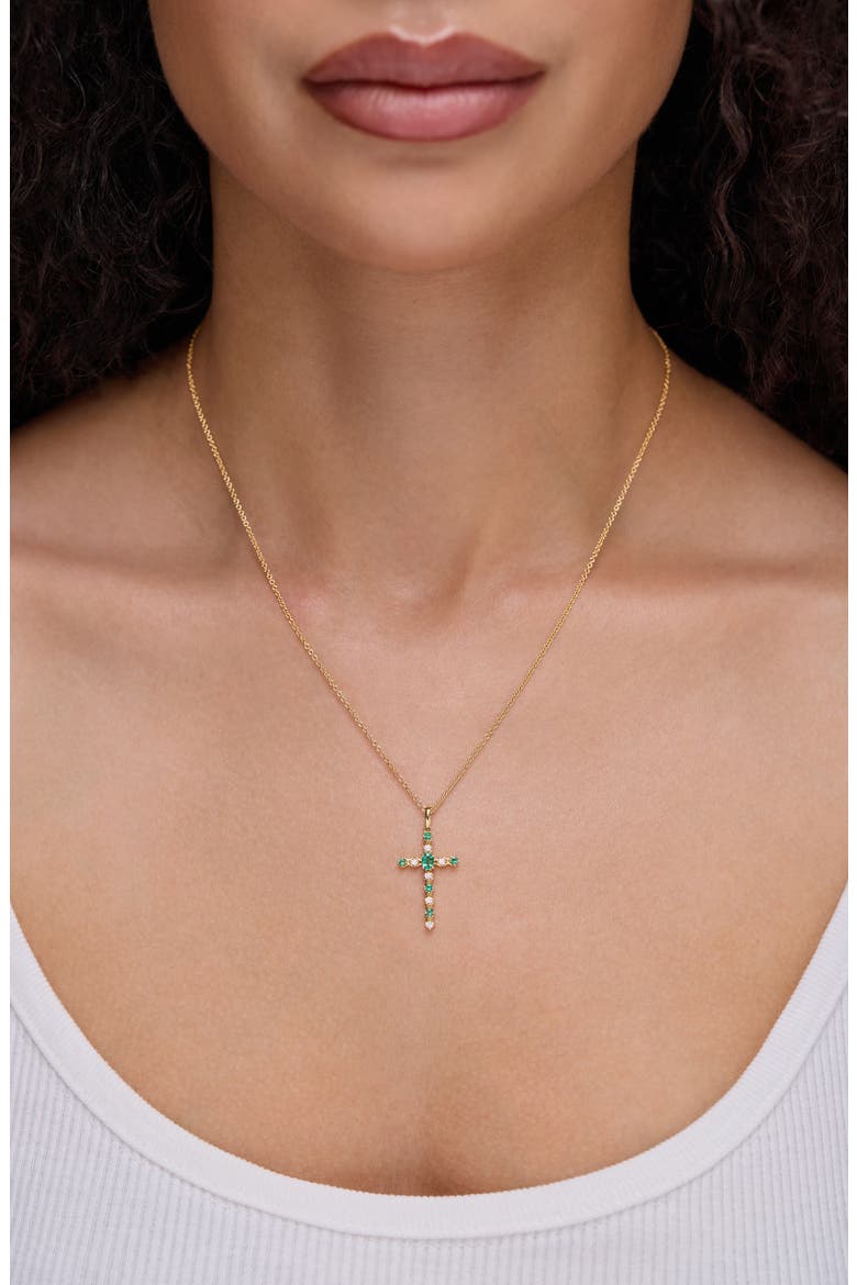 El Mar Diamond & Gemstone Cross Pendant Necklace, Alternate, color, 18K YELLOW GOLD EMERALD