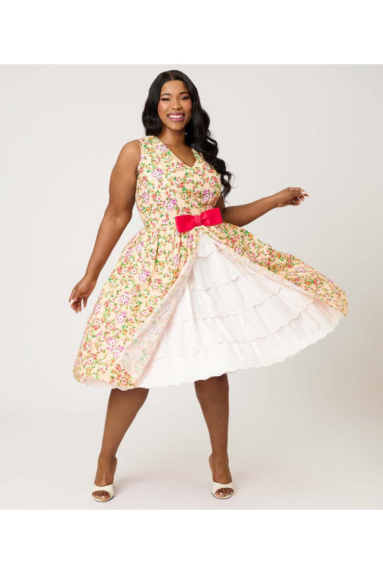 Plus Size 1960s Garden Party Swing Dress, Alternate, color, Beige w/ Pink Bow Floral Print