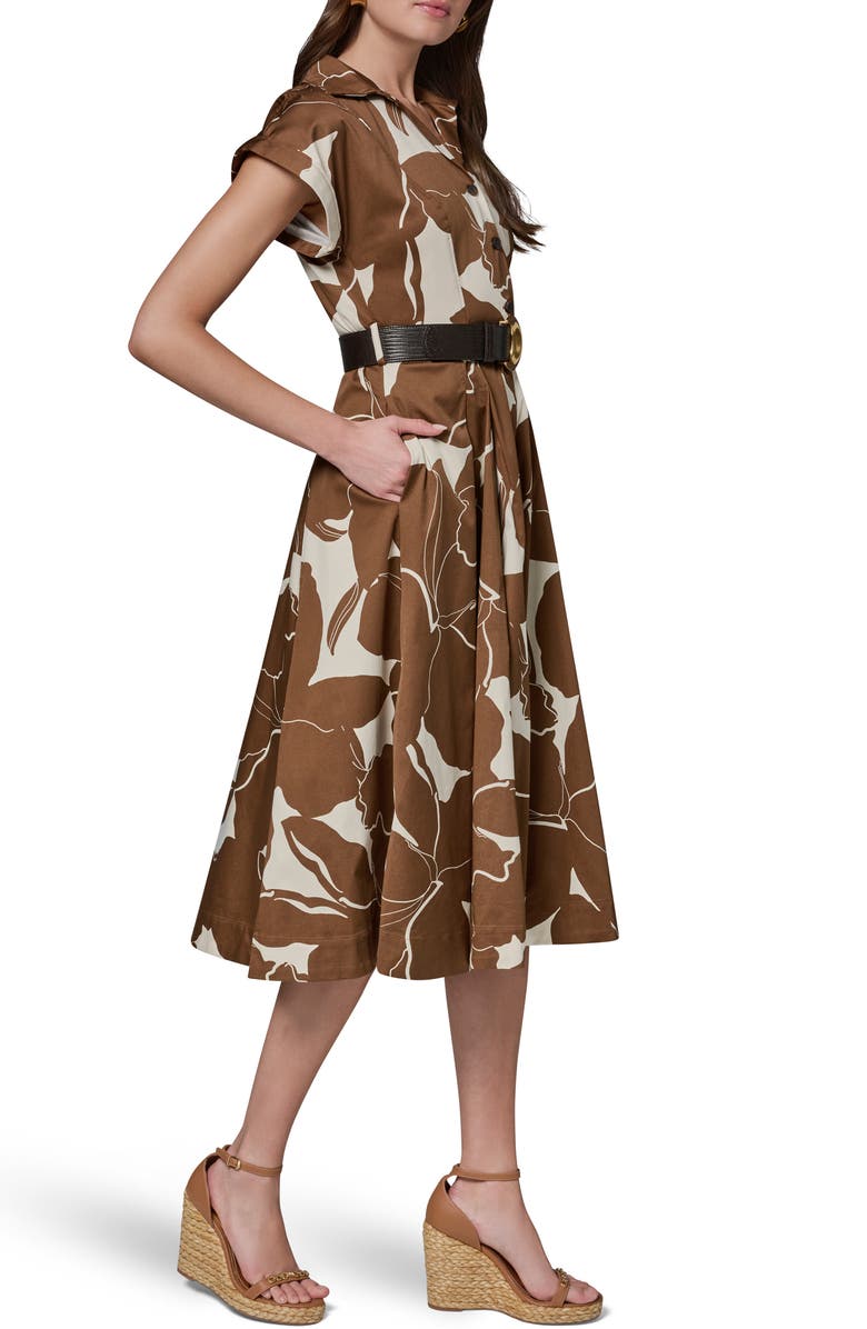 Donna Karan New York Floral Belted Stretch Cotton Midi Shirtdress, Alternate, color, Cognac/ Light Canvas