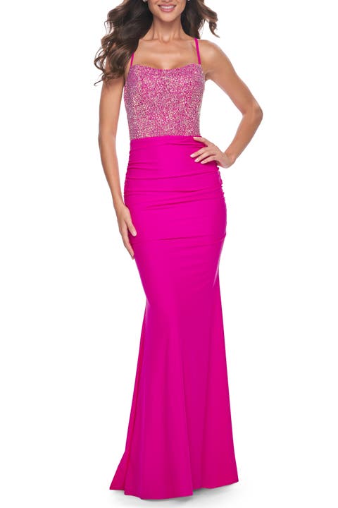 Rhinestone Bodice with Ruched Jersey Skirt Prom Dress