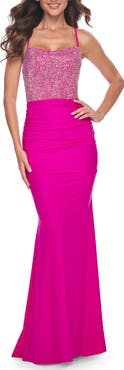 La Femme Rhinestone Bodice with Ruched Jersey Skirt Prom Dress