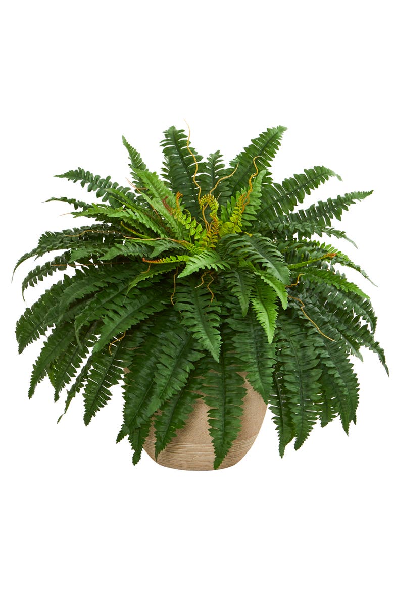 NEARLY NATURAL 22-in Boston Fern Artificial Plant in Sandstone Planter, Main, color, Green
