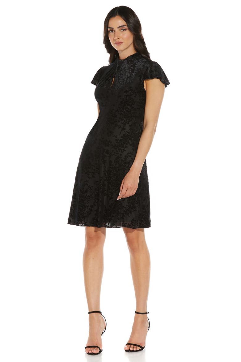 Cap Sleeve Floral Velvet Burnout Drape Dress, Alternate, color, BLACK