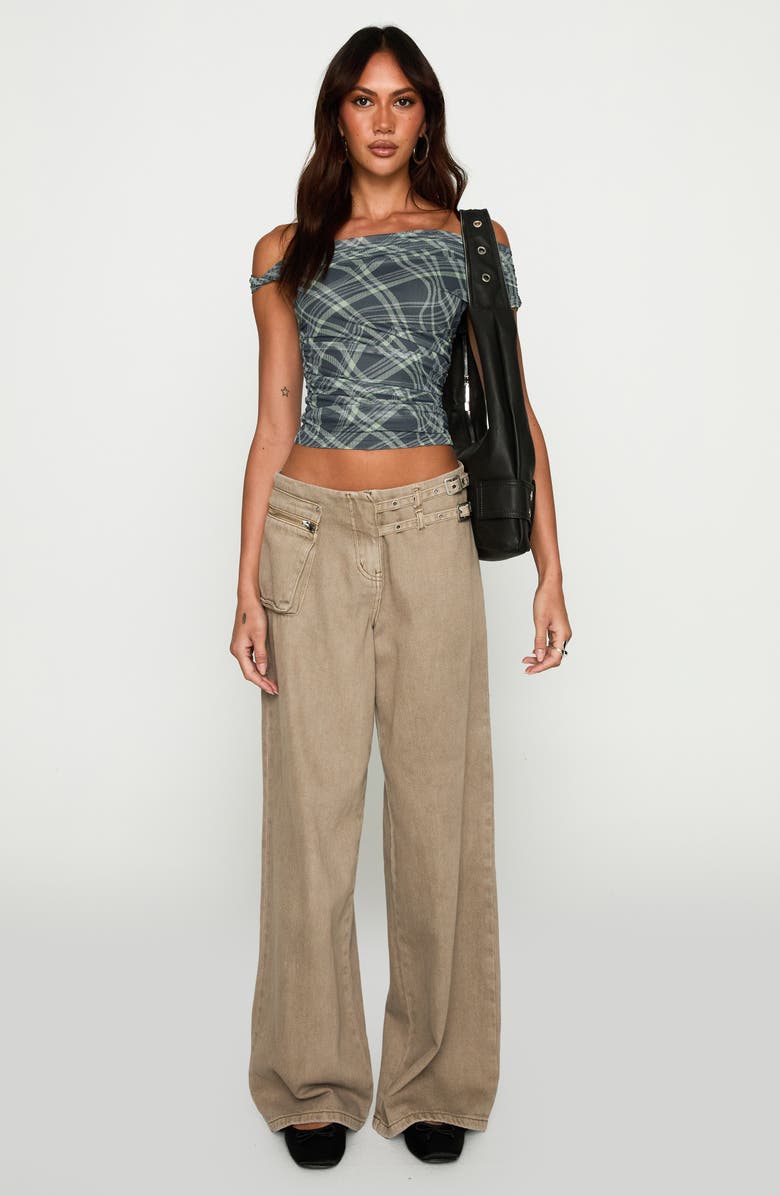 Princess Polly Sweet Embrace Off the Shoulder Mesh Crop Top, Alternate, color, Plaid Multi