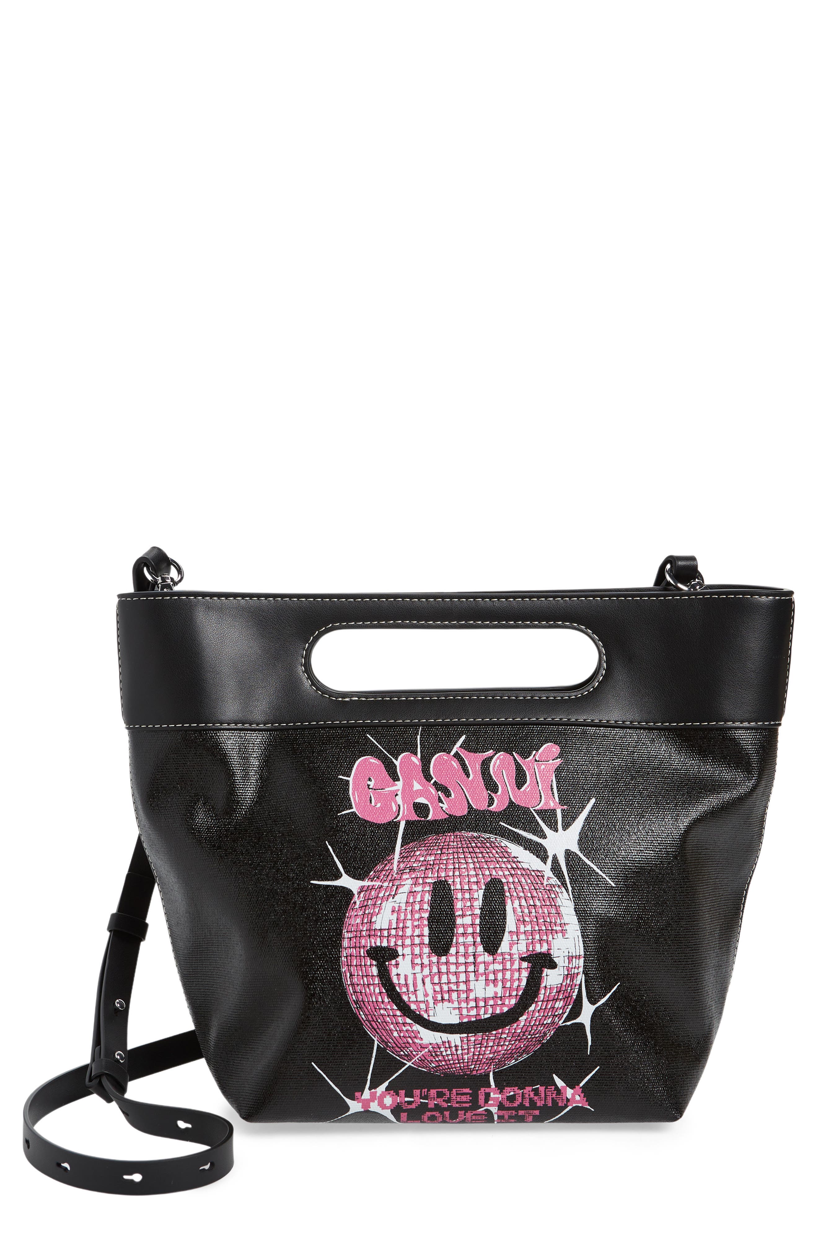 Ganni Small Smiley Canvas Tote Bag, Main, color, 
