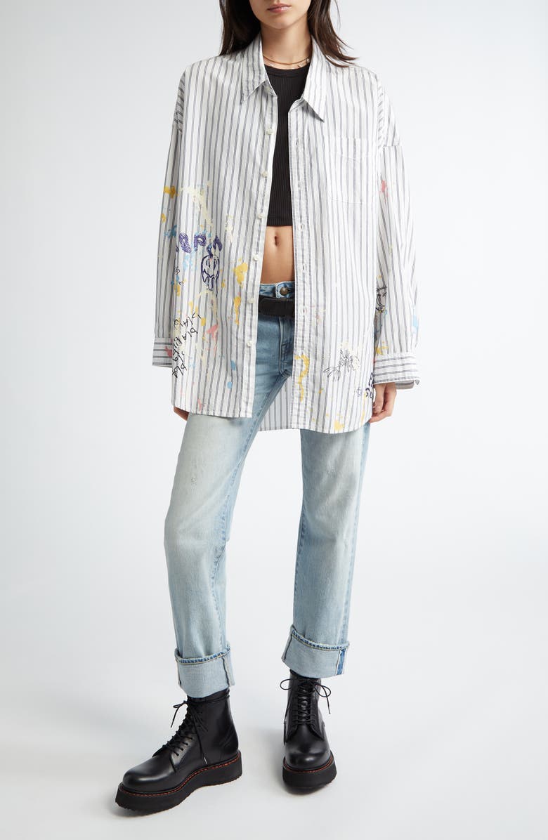 R13 Drop Neck Stripe Scribble Print Button-Up Shirt, Alternate, color, 