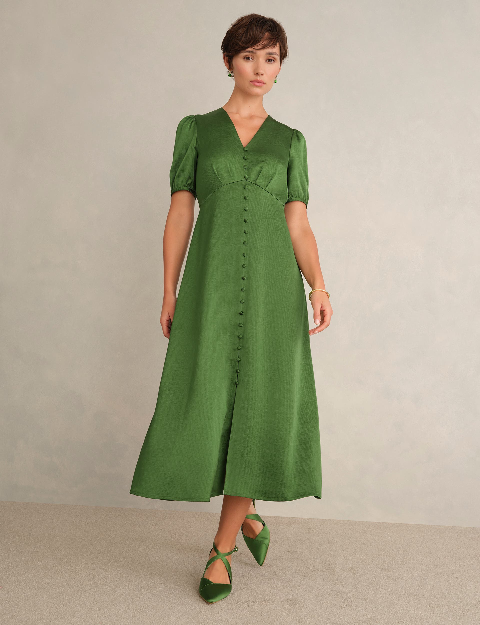 Button Front Puff Sleeve Midi Dress