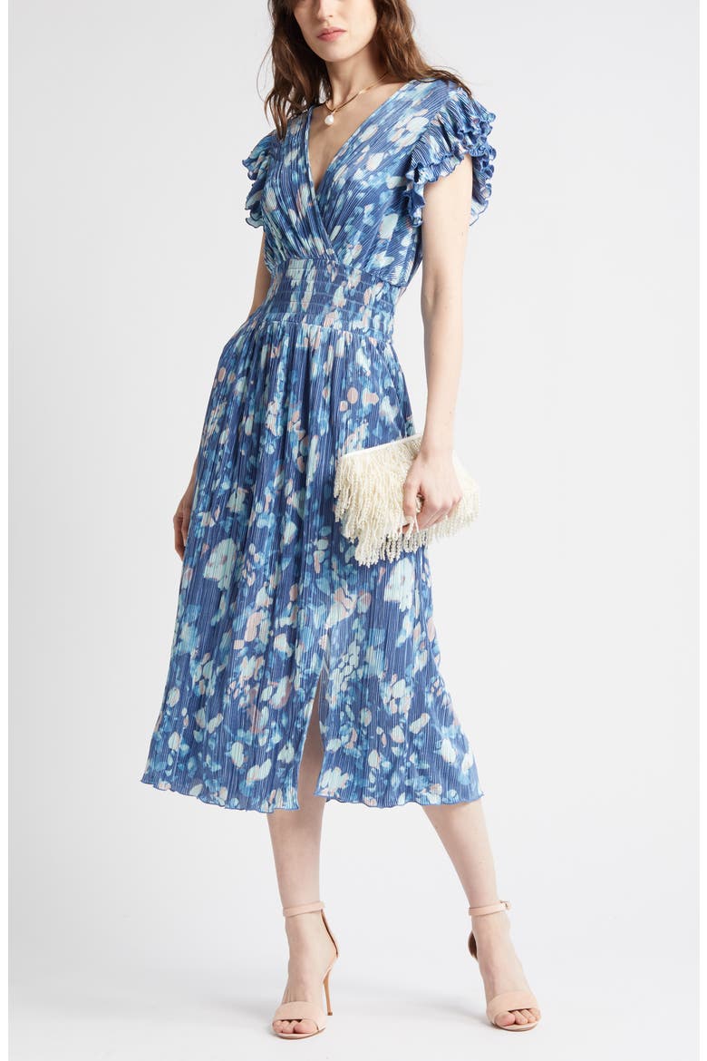 Flutter Sleeve Plissé Midi Dress, Main, color, BLUE FADE FLORAL