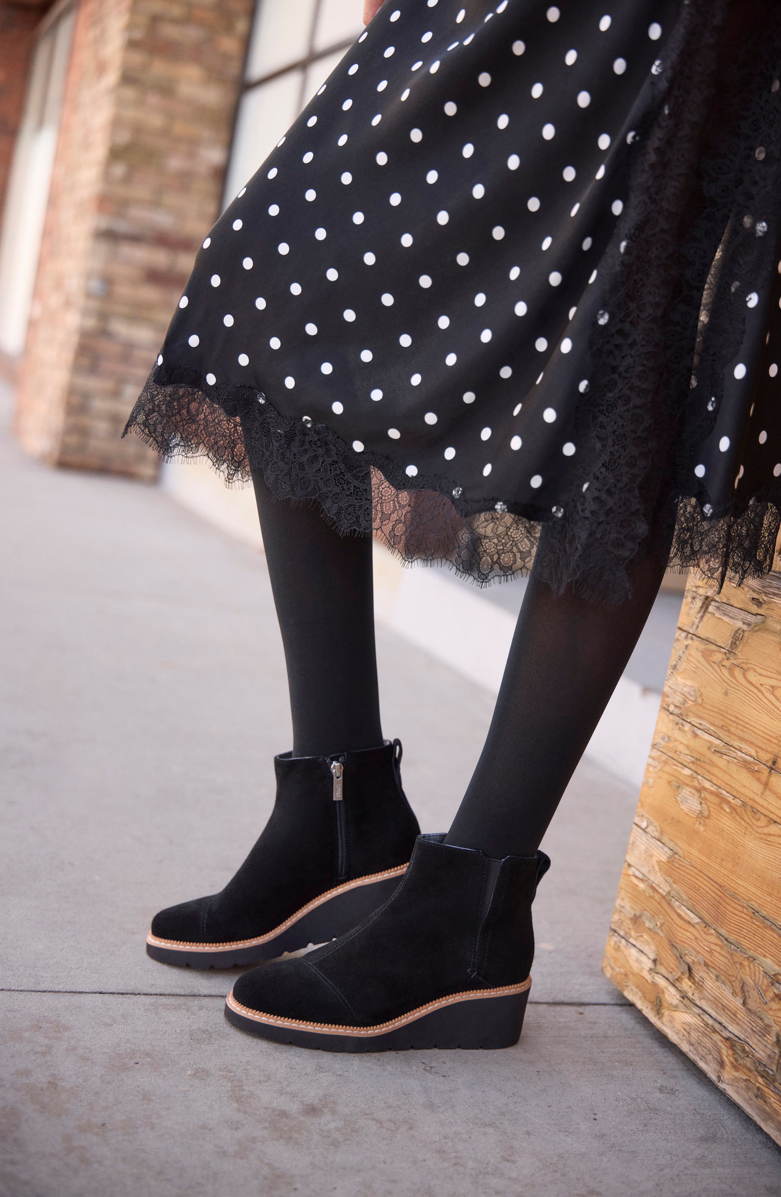 Mina Leather Wedge Bootie with Faux Shearling Trim, Alternate, color, BLACK
