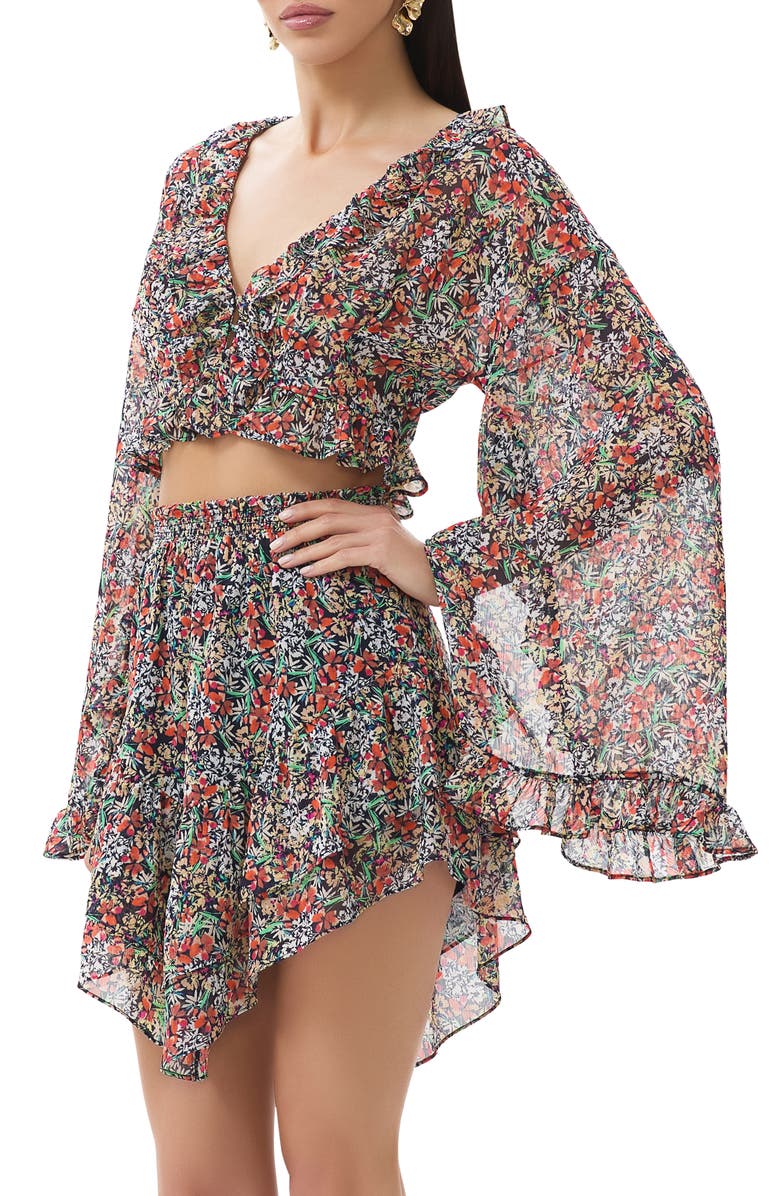 AFRM Clinton Ruffle Long Sleeve Crop Top, Alternate, color, Navy Ditsy