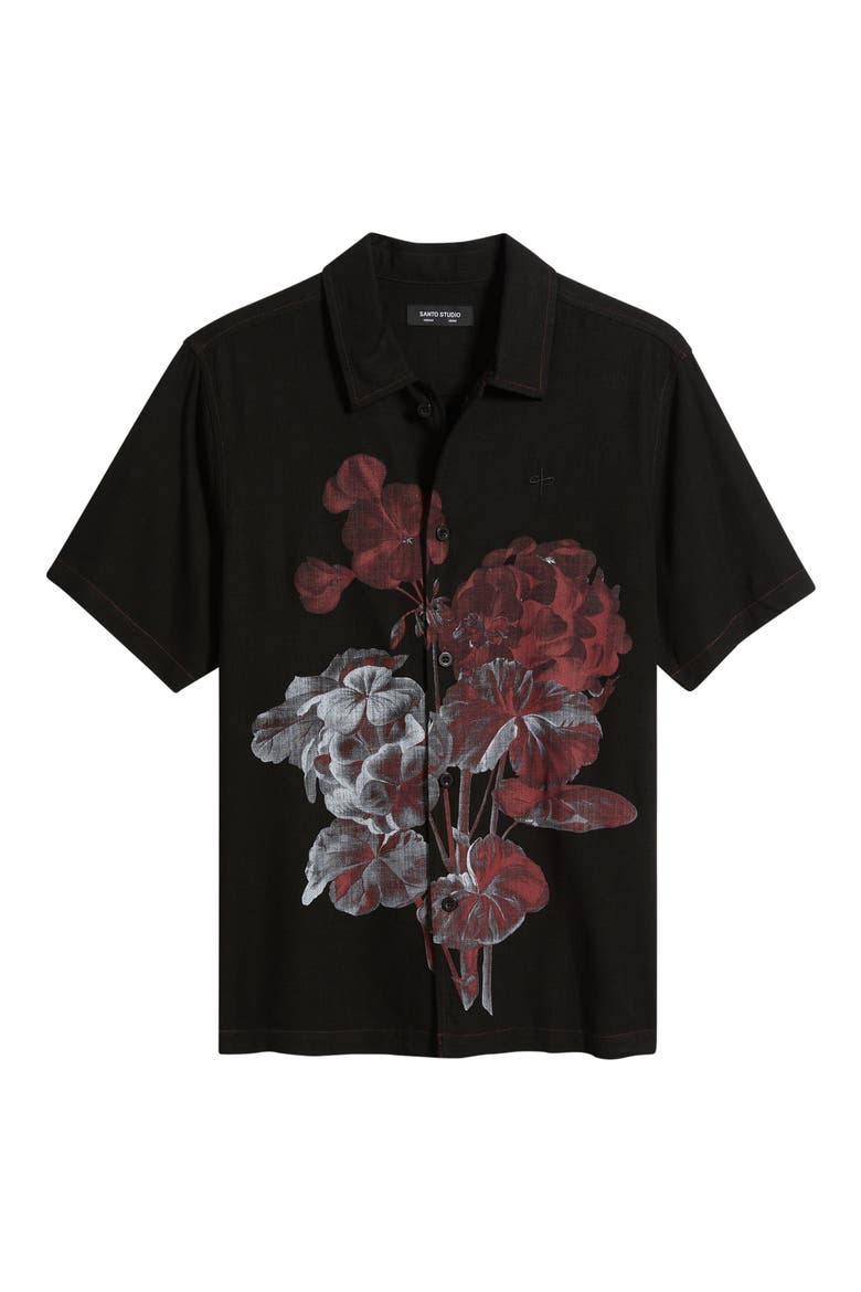 Flower Gradient Short Sleeve Cotton Twill Button-Up Shirt, Alternate, color, BLACK