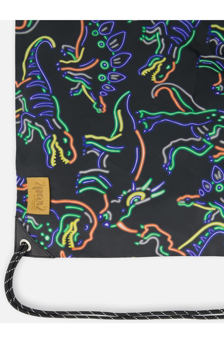 Deux par Deux Boy's Drawstring Bag Black Printed Neon Dino, Alternate, color,