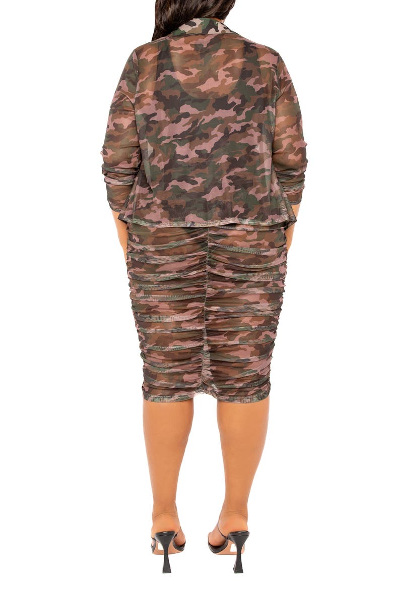 Camo Semisheer Mesh Button-Up Shirt & Body-Con Skirt, Alternate, color, GREEN MULTI