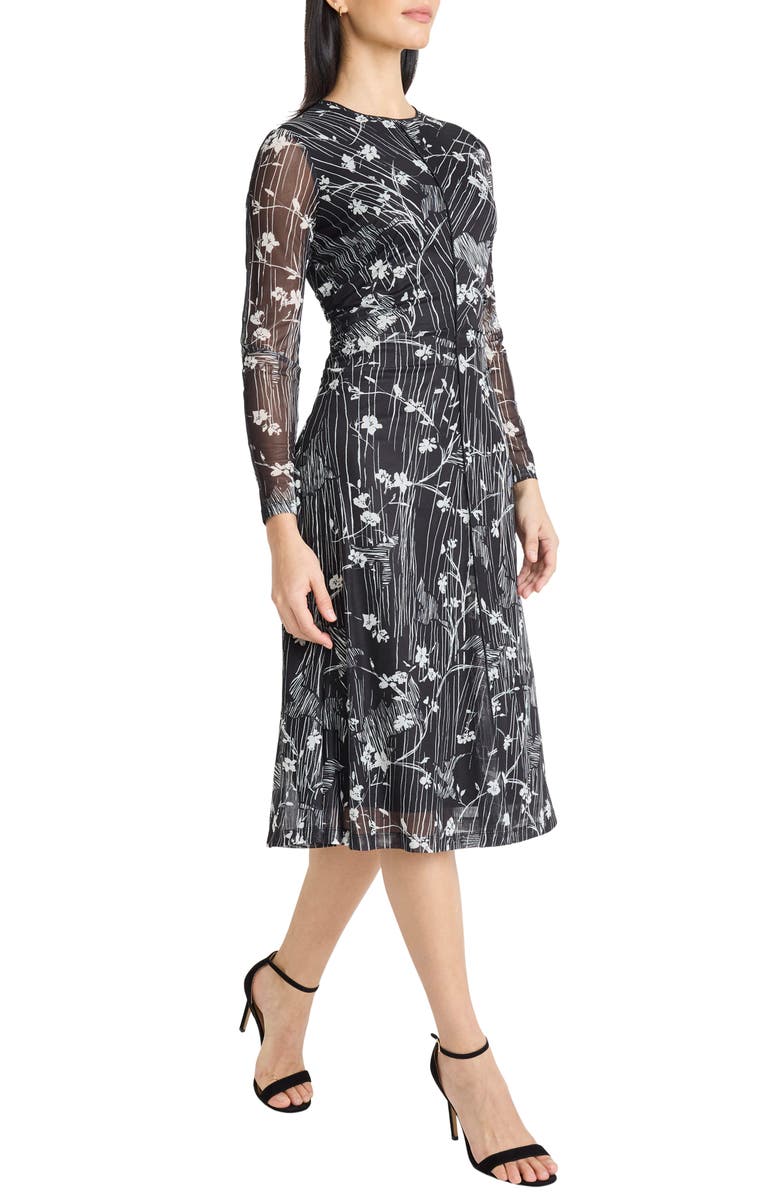 Maggy London Long Sleeve Mesh Midi Dress, Alternate, color, Black/ Ivory