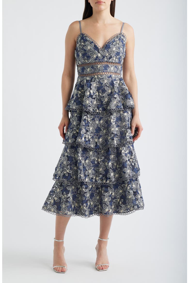 Marcela Floral Embroidered Tiered Midi Dress, Main, color, NAVY