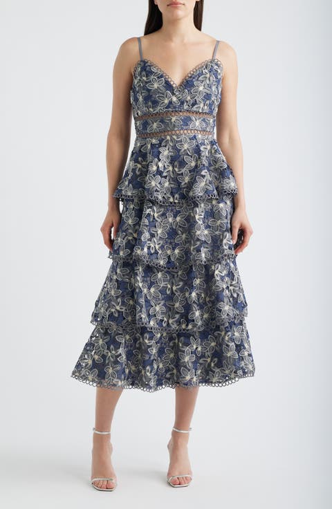 Marcela Floral Embroidered Tiered Midi Dress