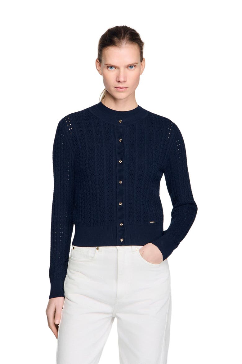 Cropped textured knit cardigan, Main, color, Navy blue