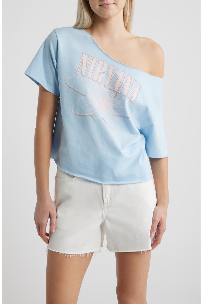 Nirvana Graphic Print Off the Shoulder Cotton T-Shirt, Main, color, BLUE